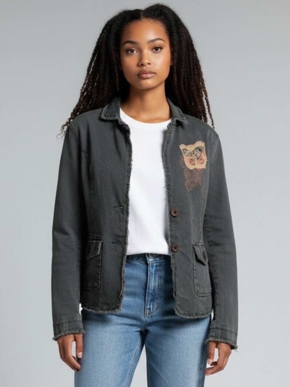 lovestitch Olive Frayed Blazer with Embroidered Patch
